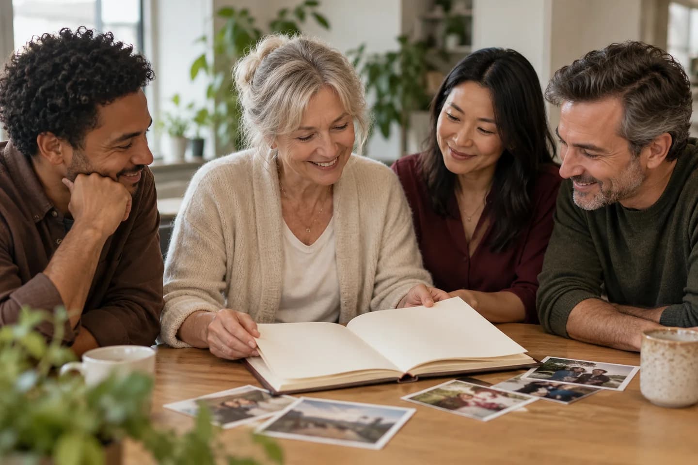 AI-generated photograph of four fictional colleagues looking through a blank notebook together