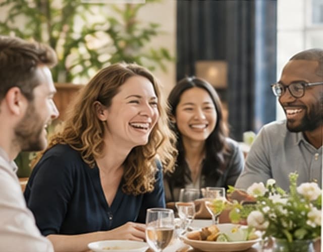 Fictional colleagues sharing a team lunch, generated demo photograph